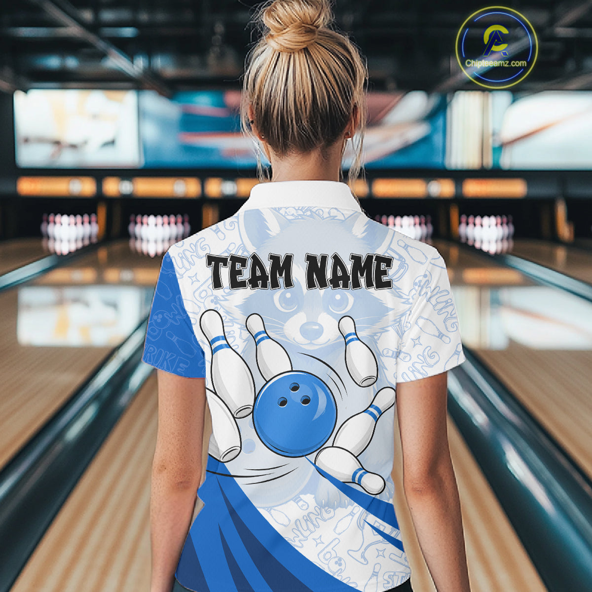 Custom Blue Funny Raccoon Bowling Jersey For Women Custom Bowling Shirts Team Polo & Quarter Zip TDM6593