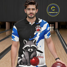 Load image into Gallery viewer, Man wearing a custom bowling shirt with a raccoon design in a bowling alley.