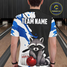 Load image into Gallery viewer, Person wearing a bowling shirt with a raccoon graphic and 'Team Name' text in a bowling alley.