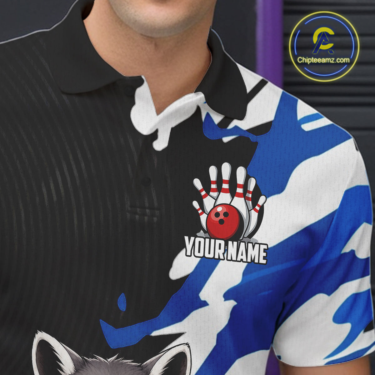 Person wearing a sports jersey with a bowling design and customizable text.