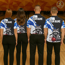 Load image into Gallery viewer, Four people wearing bowling shirts with raccoon graphics and 'Team Name' text on a bowling alley background.