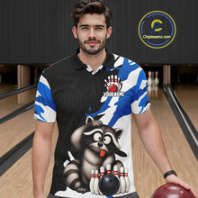 Load image into Gallery viewer, Man wearing a bowling-themed shirt with a raccoon design in a bowling alley.