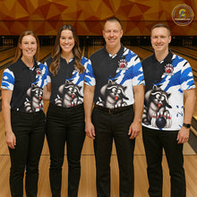 Load image into Gallery viewer, Four people wearing matching bowling shirts with a raccoon design on a bowling alley.