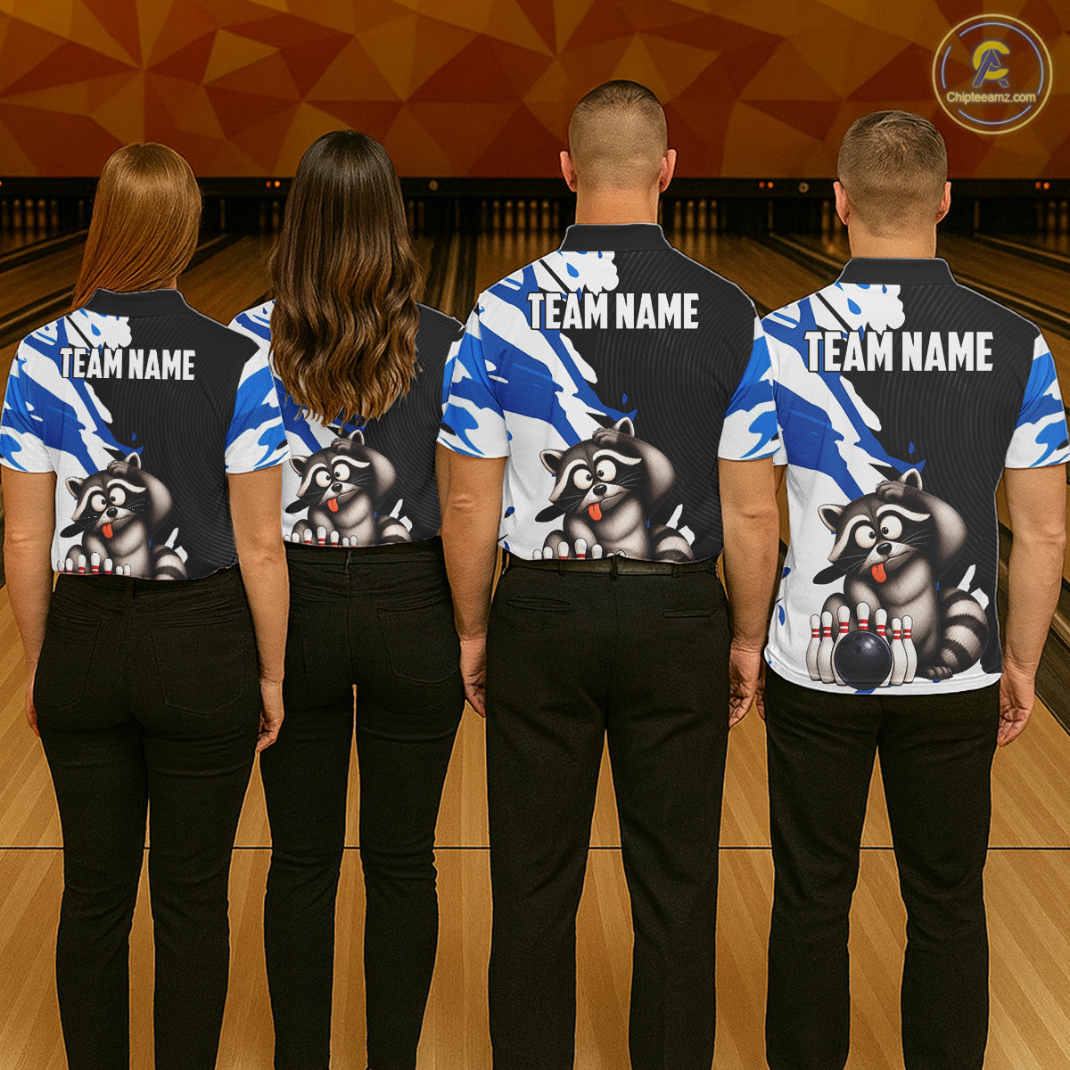 Four people wearing bowling shirts with raccoon graphics and 'Team Name' text on a bowling alley background.
