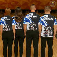 Load image into Gallery viewer, Four people wearing bowling shirts with raccoon graphics and 'Team Name' text on a bowling alley background.