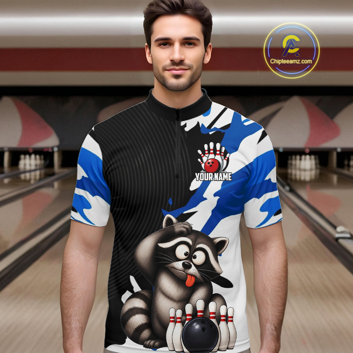 Funny Raccoon Blue Camo Bowling Shirts For Men Custom Bowling Team Jersey Bowling Polo & 1/4 Zip TDM6598