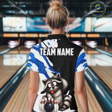Load image into Gallery viewer, Person wearing a bowling shirt with a raccoon graphic and 'Team Name' text in a bowling alley.
