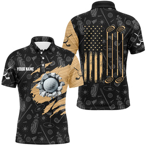 Retro American Flag Crack Golf Balls Custom Men Golf Polo Shirts, Patriotic Golf Shirts For Men TDM1889