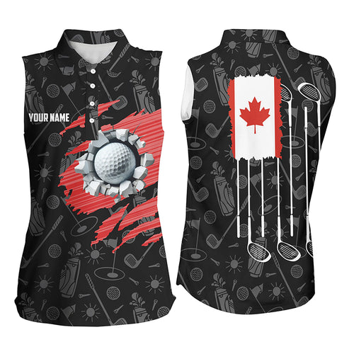 Retro Canada Flag Crack Golf Balls Custom Women Sleeveless Polo Shirts, Patriotic Golf Shirts Ladies TDM1890