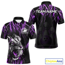 Load image into Gallery viewer, Black and purple thunder lightning lion bowling team polo shirt for men with custom league graphics.