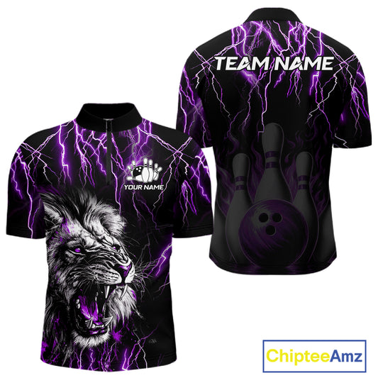 Black and purple thunder lightning lion quarter zip bowling shirt for men, custom bowling team jersey and tournament apparel.