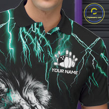 Load image into Gallery viewer, Close up of collar, chest and button details on a black and turquoise thunder lightning lion men's bowling polo shirt.