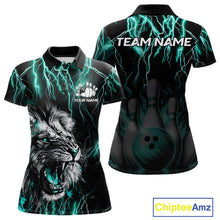 Load image into Gallery viewer, Black and turquoise thunder lightning lion bowling team polo shirt for women with custom league graphics.