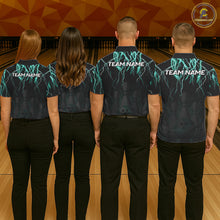 Load image into Gallery viewer, Back view of bowling team wearing matching black and turquoise bowling league jerseys.