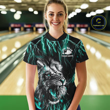 Load image into Gallery viewer, Woman wearing a black and turquoise thunder lightning lion quarter zip bowling shirt front view, personalized bowling team apparel.