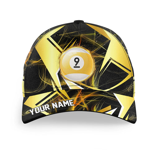 Personalized Yellow Black 9 Ball Pool Billiard Baseball Caps, Top Hats Billiard For Pool Player TDM2098