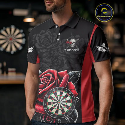Black And Red Dartboard Roses And Skull Darts Shirt For Men Custom Darts Jersey Outfit, Dart Gift TDM4433
