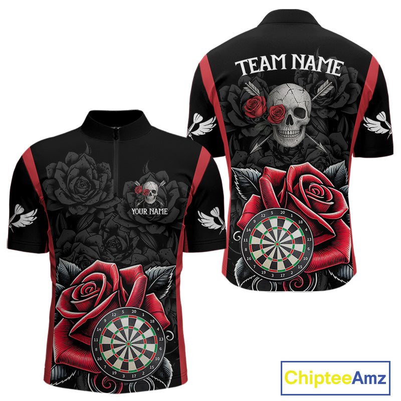 Black And Red Dartboard Roses And Skull Darts Shirt For Men Custom Darts Jersey Outfit, Dart Gift TDM4433