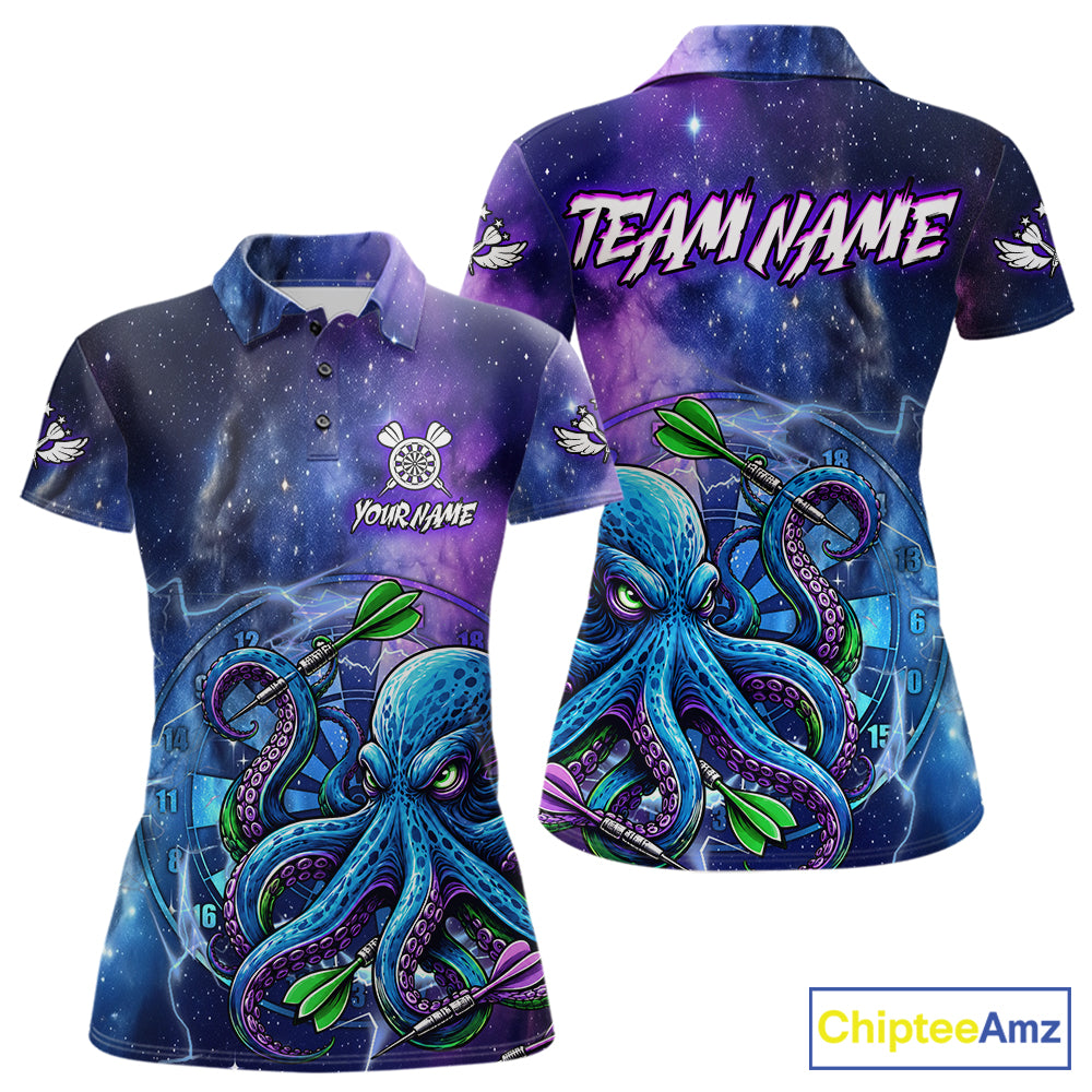 Custom Funny Octopus Blue Purple Galaxy Darts Polo Shirt Designed for Personalized Dart Team Jerseys with Premium Athletic Performance and Glowing Graphics