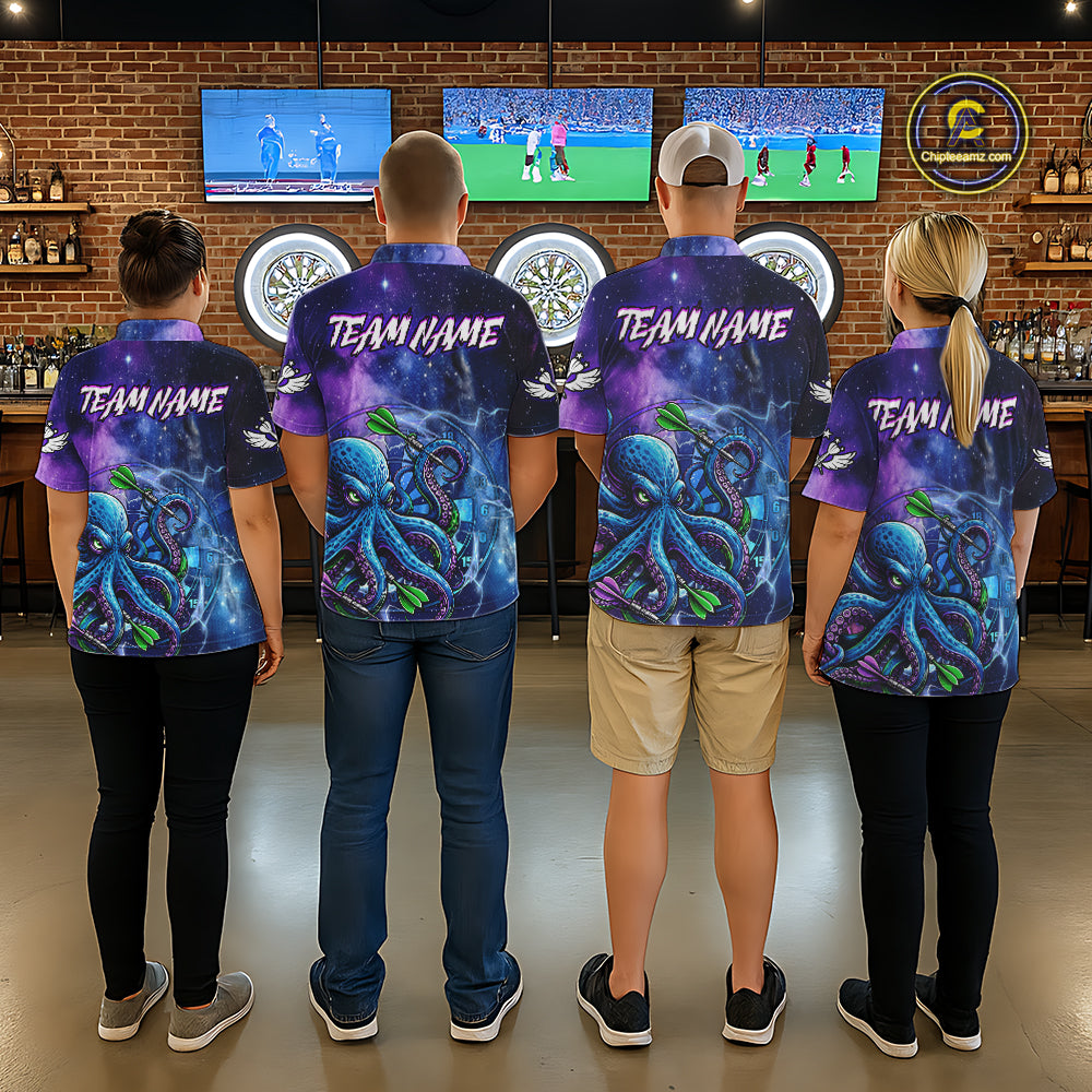 Dart Team Wearing Funny Octopus Blue Purple Galaxy Custom Darts Team Jerseys Featuring the Complete Back Artwork, Back View