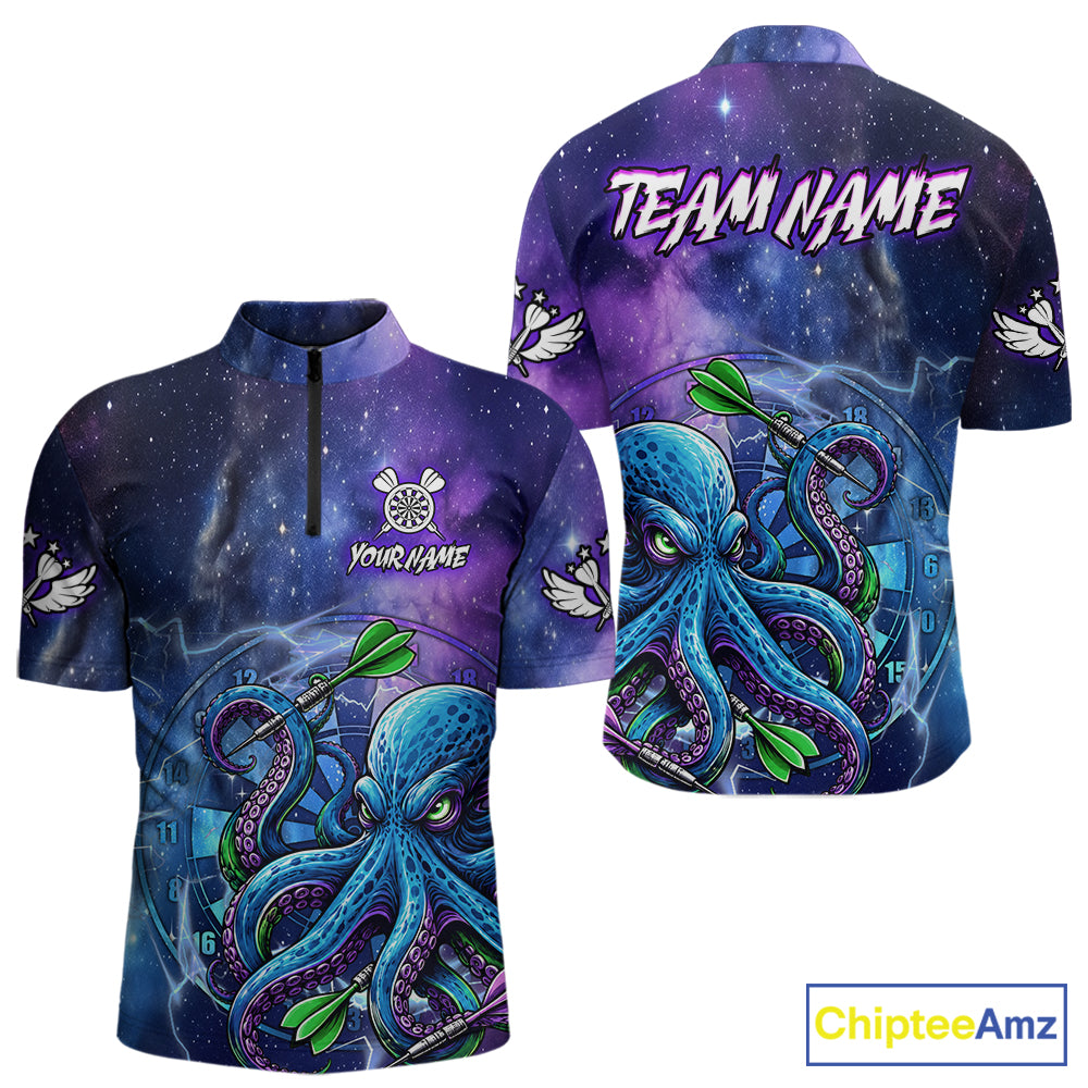 Funny Octopus Blue Purple Galaxy Quarter Zip Darts Shirt Created for Competitive Dart League Teams with Performance Fabric and Tournament Ready Team Design