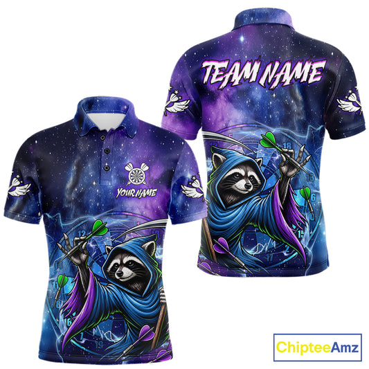 Custom Raccoon Wizard Blue Purple Galaxy Darts Polo Shirt Designed for Personalized Dart Team Jerseys with Glowing Graphics and Premium Athletic Performance