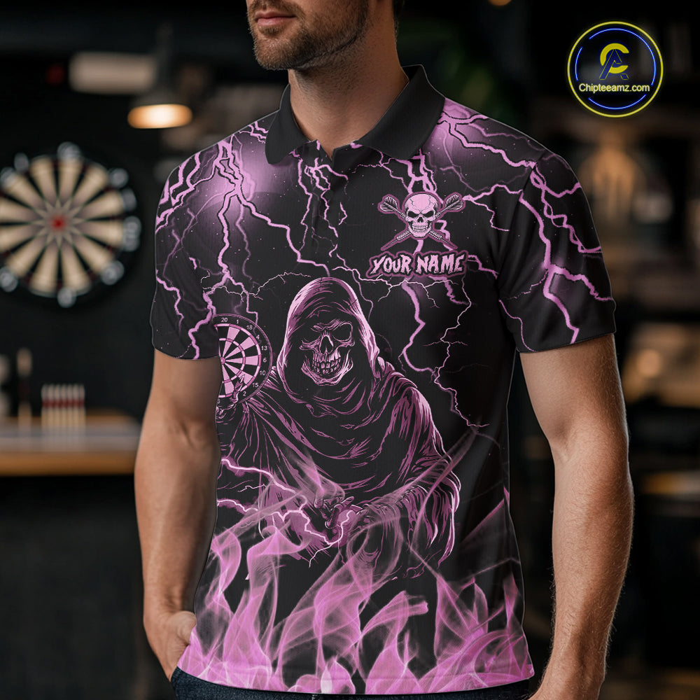 Man Wearing Pink Grim Reaper Fire Flame Darts Polo Shirt with Athletic Performance Fit and Eye Catching Flame Graphic Artwork, Front View