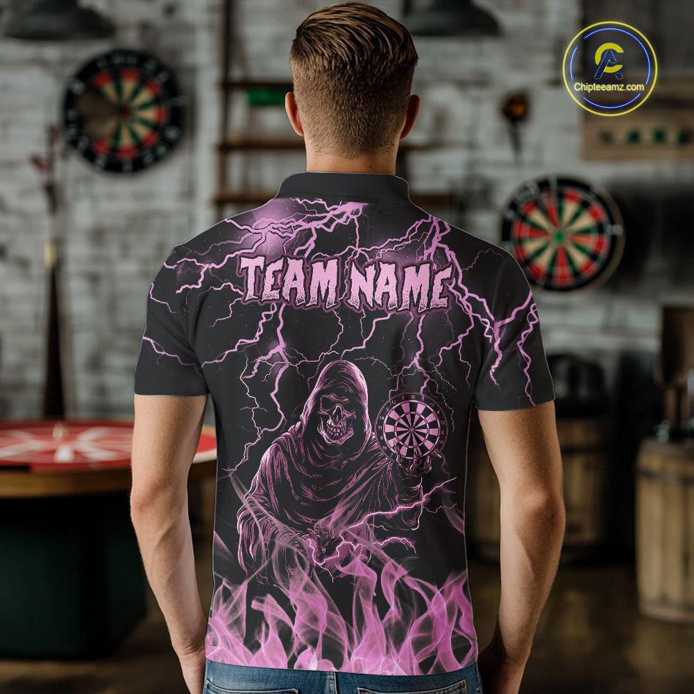 Man Wearing Pink Grim Reaper Fire Flame Custom Darts Team Jersey Featuring the Complete Rear Graphic Design, Back View