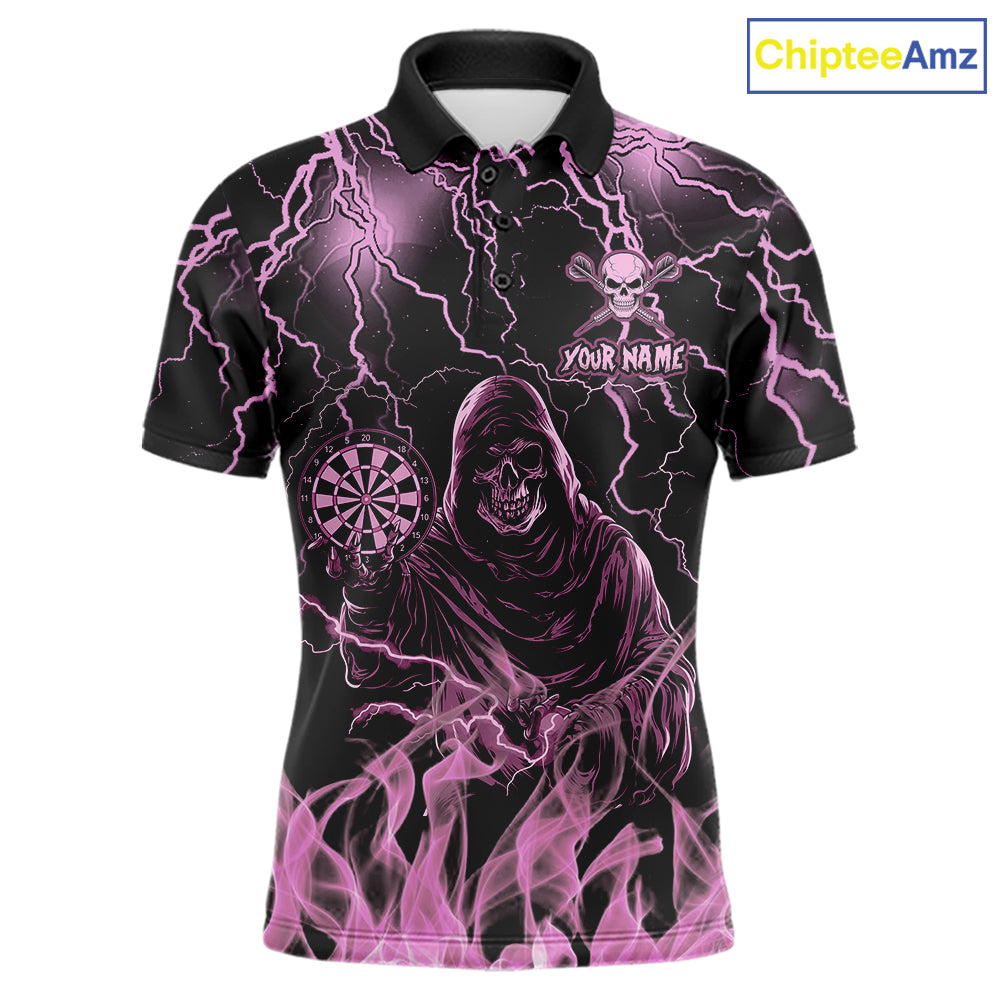 Pink Grim Reaper Fire Flame Darts Polo Shirt Featuring Bold Thunder Lightning Artwork for Dart League Players, Team Competition, and Tournament Events