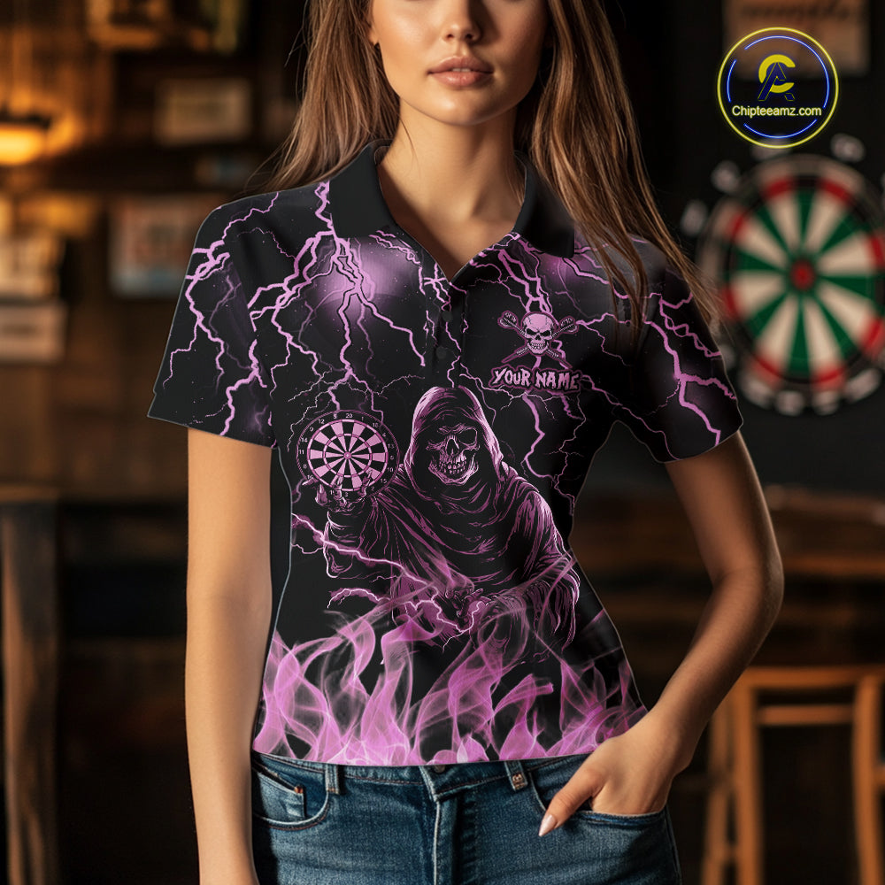 Woman Wearing Personalized Pink Grim Reaper Fire Flame Darts Polo Shirt with Athletic Performance Fit and Eye Catching Flame Graphic Artwork, Front View