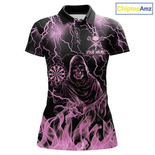 Personalized Pink Grim Reaper Fire Flame Darts Polo Shirt Featuring Bold Thunder Lightning Artwork for Dart League Players, Team Competition, and Tournament Events