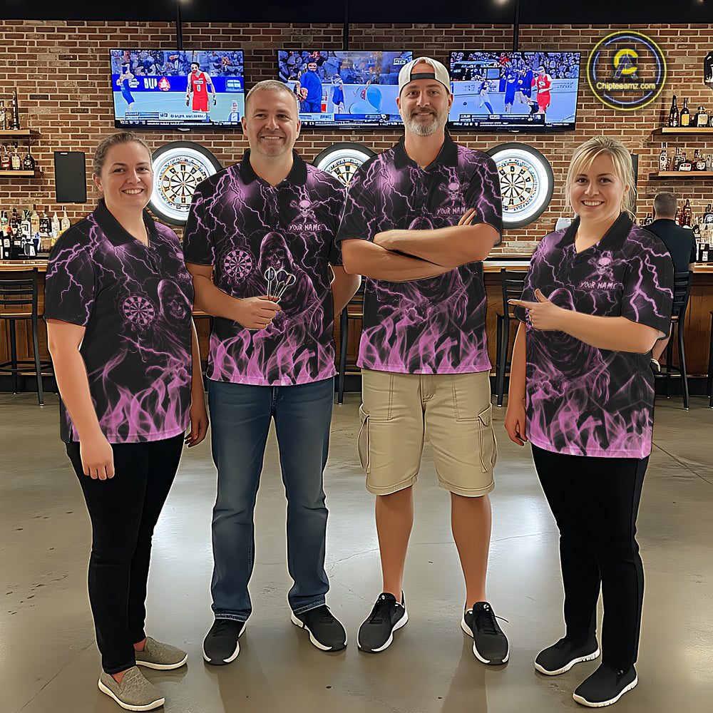 Dart Team Wearing Pink Grim Reaper Fire Flame Darts Jerseys During League Competition and Tournament Matches, Front View
