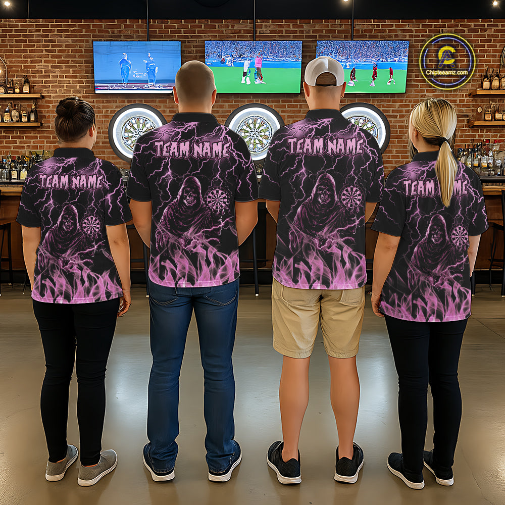 Dart Team Wearing Pink Grim Reaper Fire Flame Custom Darts Team Jerseys Featuring the Complete Back Artwork, Back View