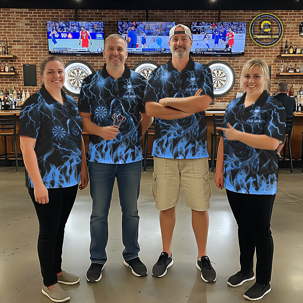 Dart Team Wearing Turquoise Grim Reaper Fire Flame Darts Jerseys During League Competition and Tournament Events, Front View