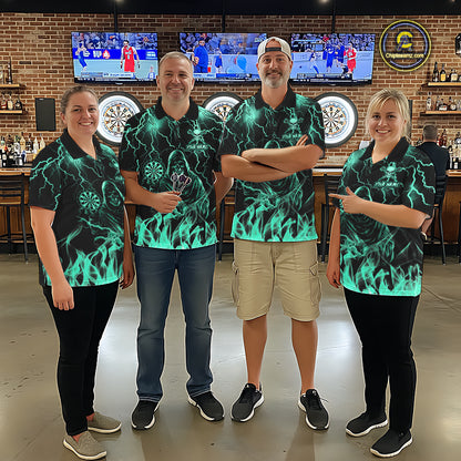 Dart Team Wearing Turquoise Grim Reaper Fire Flame Darts Jerseys During League Competition and Tournament Events, Front View