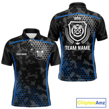 Load image into Gallery viewer, Black And Blue Camo Dart Shirt With Pocket Option For Men Custom Dart Jersey TDM4651