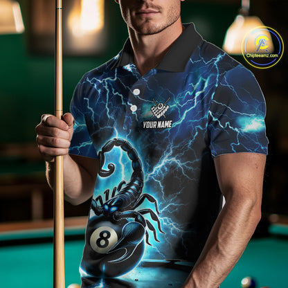 Blue Lightning Thunder Scorpion 8 Ball Pool Polo & 1/4 Zip For Men Custom Billiard Team Jersey TDM4861