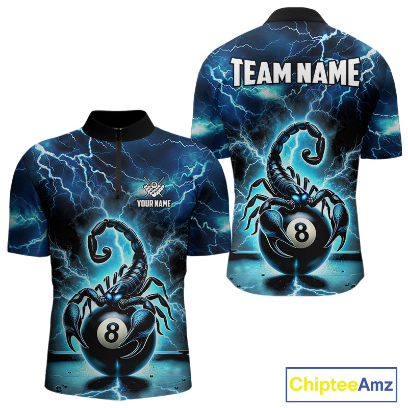 Blue Lightning Thunder Scorpion 8 Ball Pool Polo & 1/4 Zip For Men Custom Billiard Team Jersey TDM4861