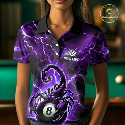 Purple Thunder Lightning Scorpion 8 Ball Pool Polo & 1/4 Zip For Women Custom Billiard Team Jersey TDM4862