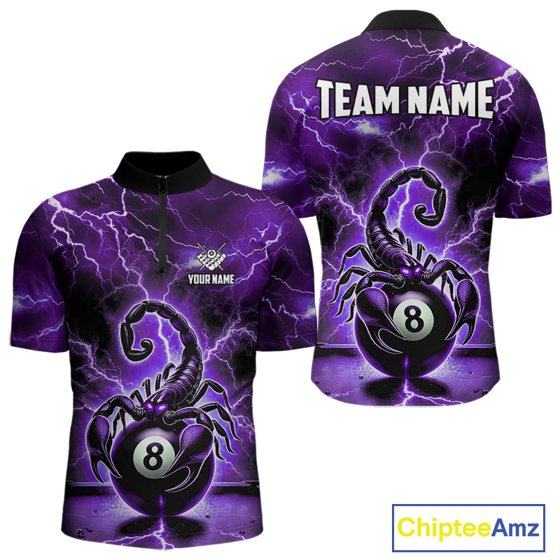 Purple Thunder Lightning Scorpion 8 Ball Pool Polo & 1/4 Zip For Men Custom Billiard Team Jersey TDM4862