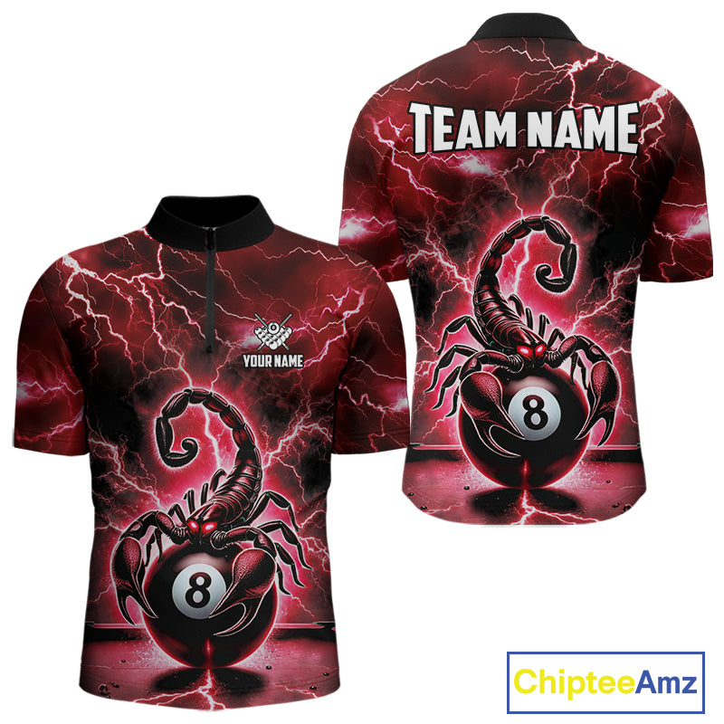 Red Lightning Thunder Scorpion 8 Ball Pool Polo & Quarter Zip For Men Custom Billiard Team Jersey TDM4863