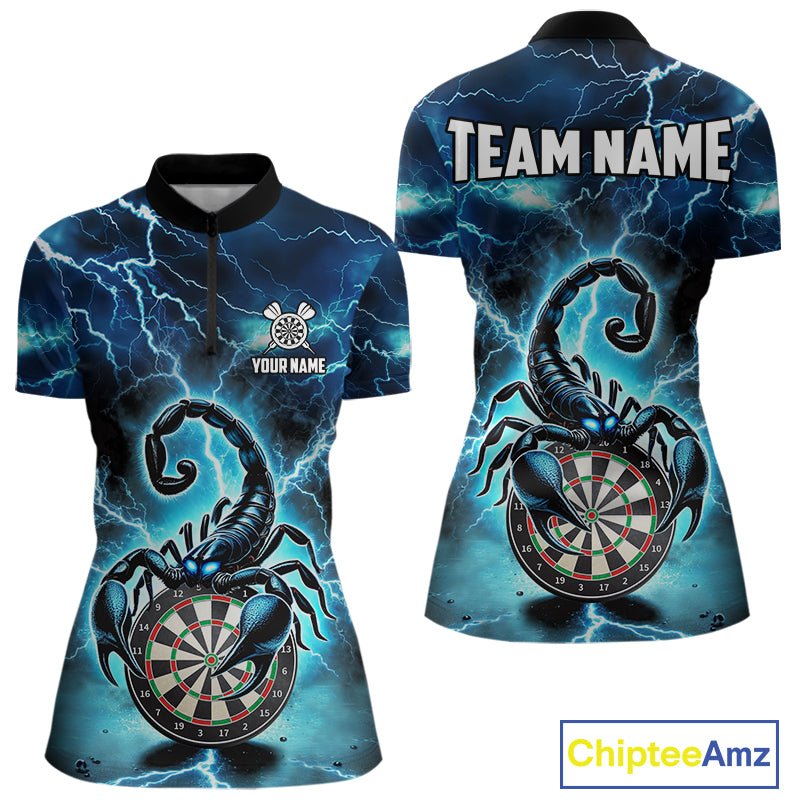Blue Lightning Thunder Scorpion Darts Shirt Polo & 1/4 Zip For Women Custom Darts League Team Jersey TDM4864