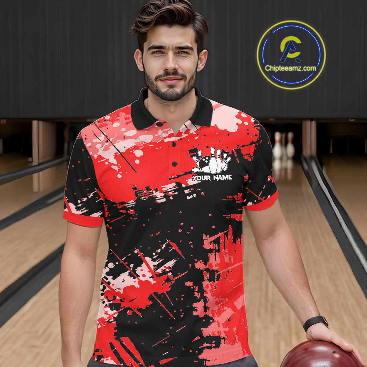 Red Grunge Paint Splatter Bowling Shirts For Men Custom Bowling League Team Jersey Polo & 1/4 Zip TDM7647