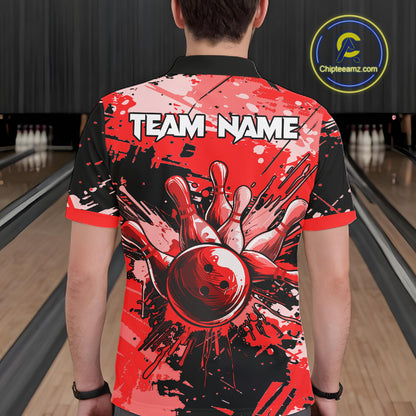 Red Grunge Paint Splatter Bowling Shirts For Men Custom Bowling League Team Jersey Polo & 1/4 Zip TDM7647