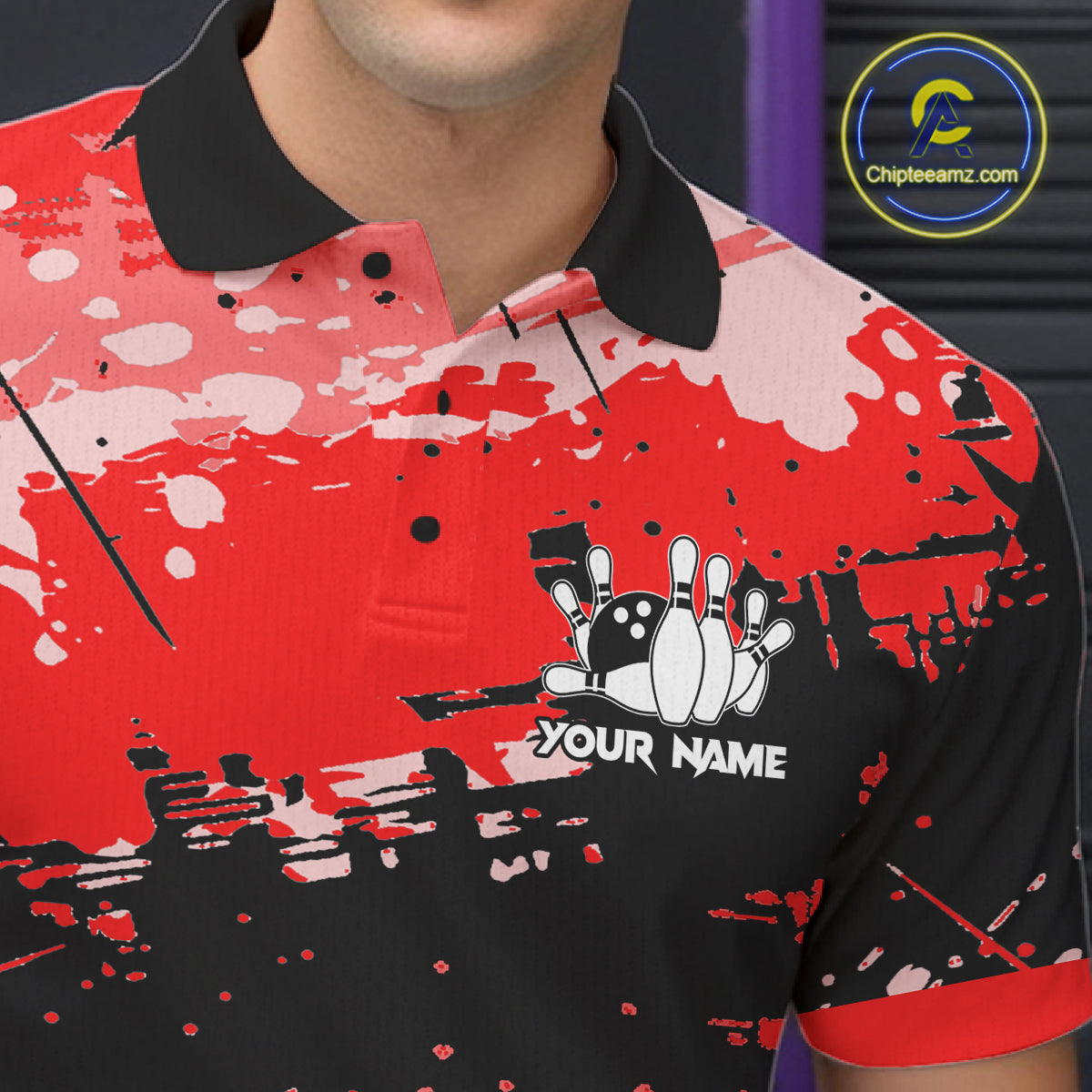 Red Grunge Paint Splatter Bowling Shirts For Men Custom Bowling League Team Jersey Polo & 1/4 Zip TDM7647