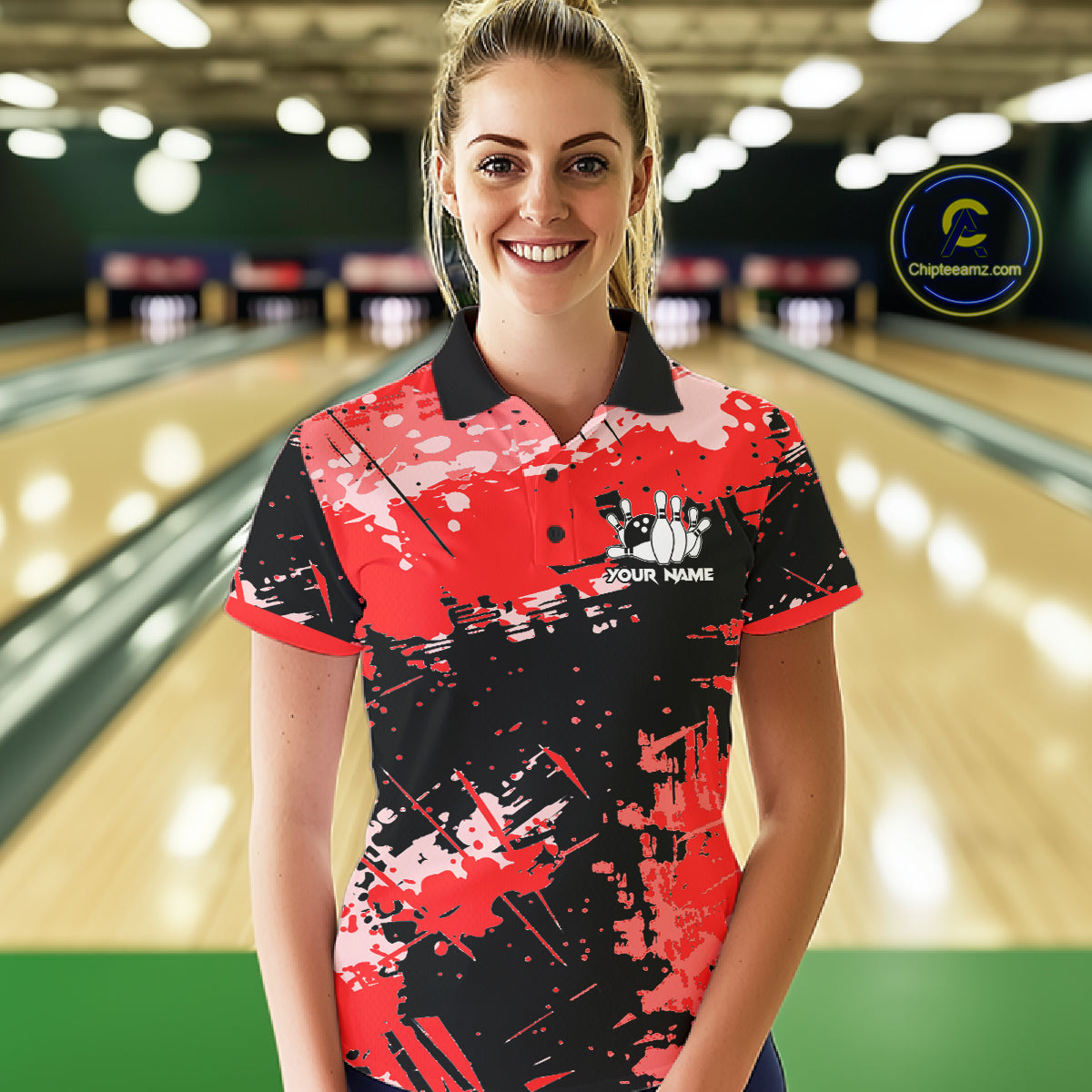 Red Grunge Paint Splatter Bowling Shirts For Women Custom Bowling League Team Jersey Polo & 1/4 Zip TDM7647