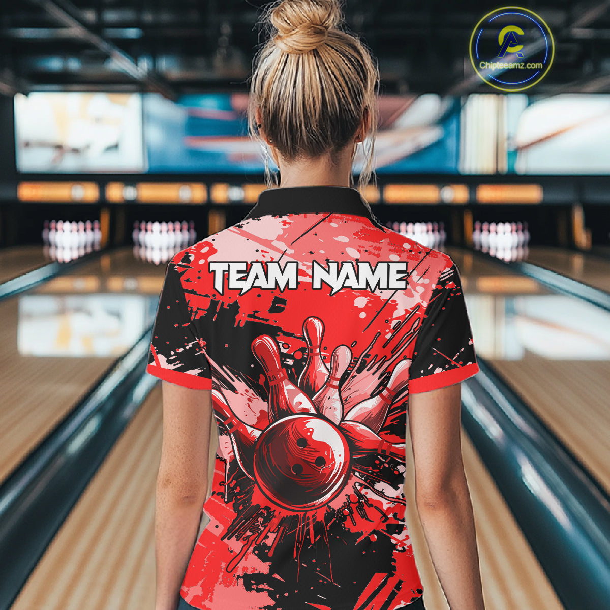 Red Grunge Paint Splatter Bowling Shirts For Women Custom Bowling League Team Jersey Polo & 1/4 Zip TDM7647