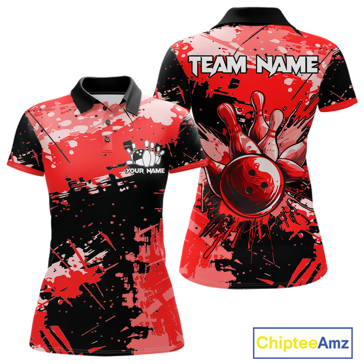 Red Grunge Paint Splatter Bowling Shirts For Women Custom Bowling League Team Jersey Polo & 1/4 Zip TDM7647