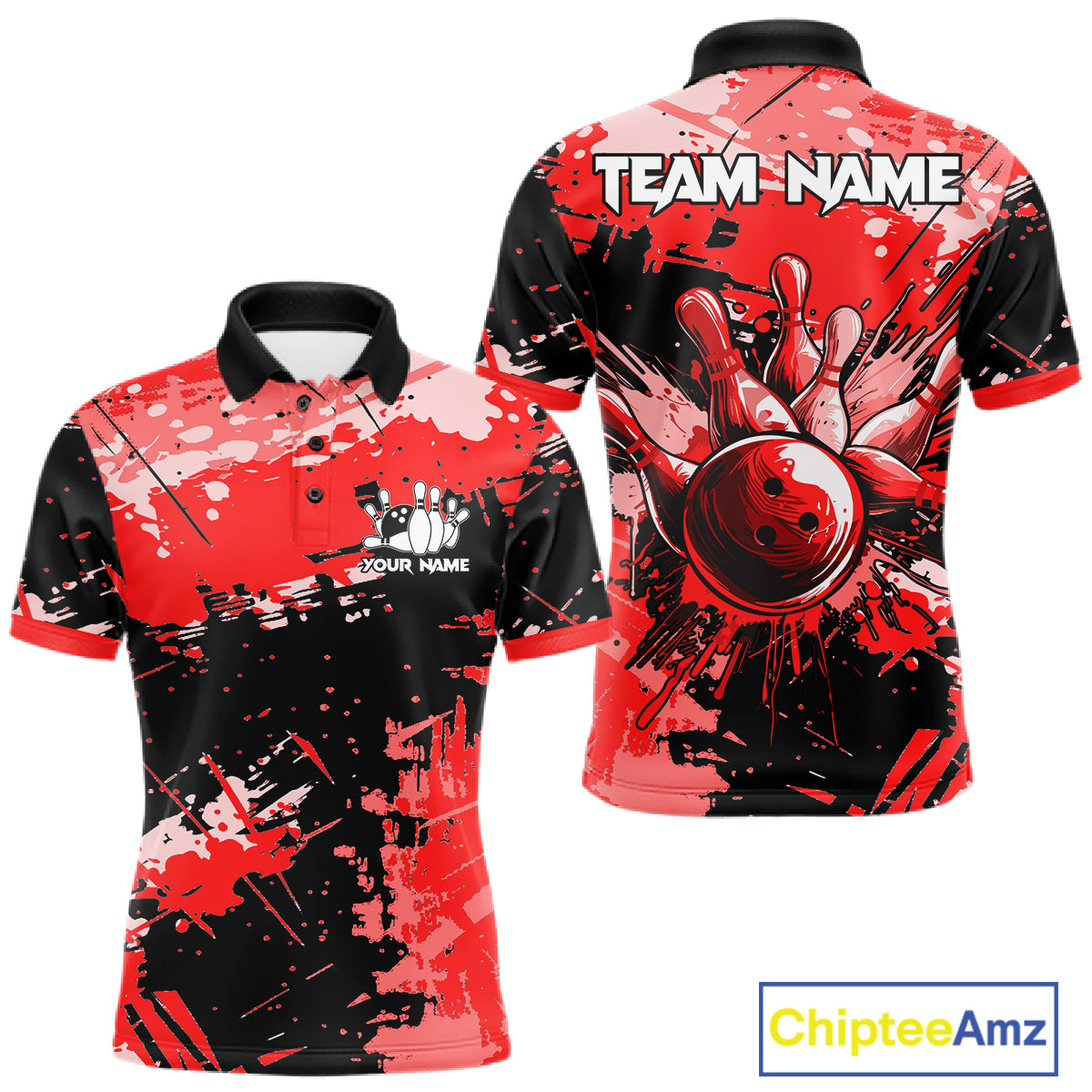 Red Grunge Paint Splatter Bowling Shirts For Men Custom Bowling League Team Jersey Polo & 1/4 Zip TDM7647