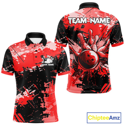 Red Grunge Paint Splatter Bowling Shirts For Men Custom Bowling League Team Jersey Polo & 1/4 Zip TDM7647